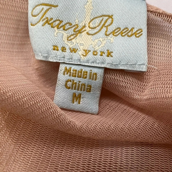 Tracy Reese Peach Black Graphic Print Silk 3/4 Blouse Puff Sleeve Blouse Top Med - Picture 7 of 7